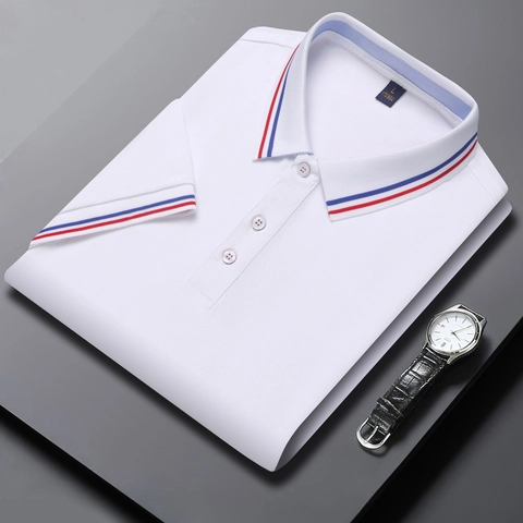 Herren Business Casual Kurzarm Gestreifter Besatz Polo-Shirt Atmungsaktiv Polyester Sommer Top Für Büro Alltag