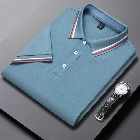 Herren Business Casual Kurzarm Gestreifter Besatz Polo-Shirt Atmungsaktiv Polyester Sommer Top Für Büro Alltag