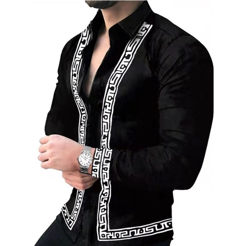 Camicia da Uomo Vestibilità Slim a Maniche Lunghe in Misto Cotone Motivo Greca Stampato Revers Casual alla Moda