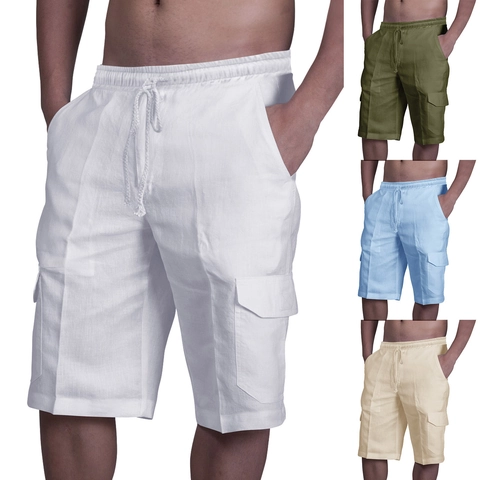 Men's Casual Cargo Shorts Cotton Linen Blend Elastic Drawstring Waist Multi Pocket Summer Beach Shorts Loose Straight Shorts