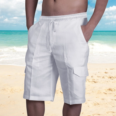Pantaloncini Cargo Casual da Uomo in Misto Cotone e Lino Vita Elastica con Coulisse Multi Tasche Pantaloncini Estivi Mare Dritti