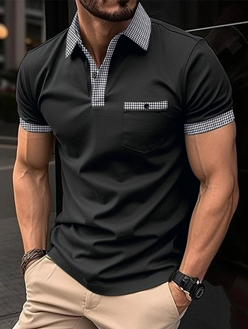 Men's Casual Short Sleeve Polo Shirt Patchwork Houndstooth Design Contrast Color Breathable Polyester Polo Top For Summer Daily Wear