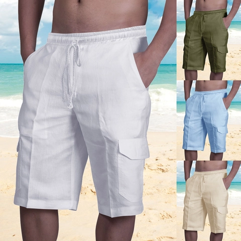 Men's Linen Cotton Cargo Shorts Multi-pocket Drawstring Elastic Waist Beach Shorts Casual Summer Five-point Bottom