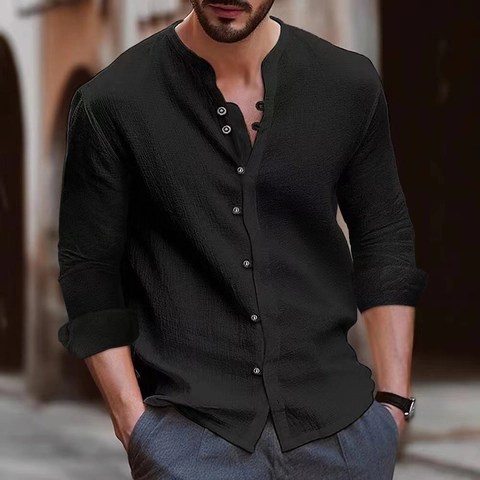 Camisa Casual para Hombre Manga Larga Cuello Alto Cuello Henley Algodón Color Sólido Moda Urbana Estilo Británico Top