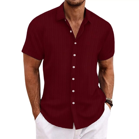 Heren Katoenmix Jacquard Korte Mouw Overhemd Casual Los Ademend Opstaande Kraag Vakantie Strand Top
