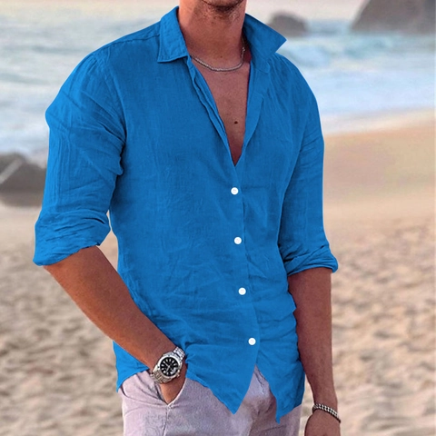 Men Casual Cotton Linen Blend Shirt Slim Fit Long Sleeve Button Up Dress Shirt Solid Color Breathable Summer Beach Tops