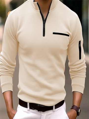 Men's American Retro Long Sleeve Stand Collar Polo Shirt Solid Color Zipper Decoration Slim Fit Casual Polyester Top