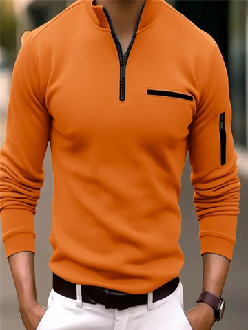 Maglia Polo Uomo Manica Lunga con Cerniera a Quarto Collo Alto Pullover Sportivo Casual Top in Poliestere con Tasca a Zip sul Braccio