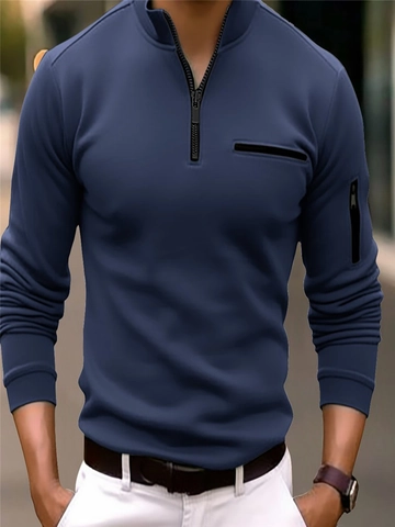 Maglia Polo Uomo Manica Lunga con Cerniera a Quarto Collo Alto Pullover Sportivo Casual Top in Poliestere con Tasca a Zip sul Braccio