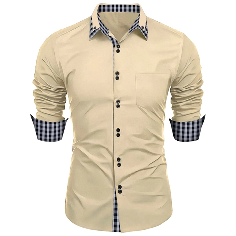 Men's Slim Fit Long Sleeve Button Down Shirt With Contrast Check Spliced Collar Cuffs Business Casual Polyester Men Top