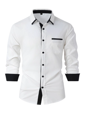 Men's Casual Business Cotton Blend Shirt Contrast Trim Color Block Long Sleeve Button Down Smart Slim Fit Office Dress Shirt