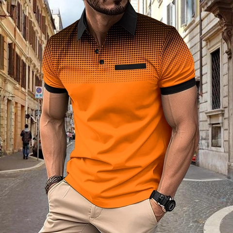 Men's Casual Short Sleeve Polo Shirt Gradient Dot Print Breathable Sport Golf Top Contrast Turn-Down Collar Summer