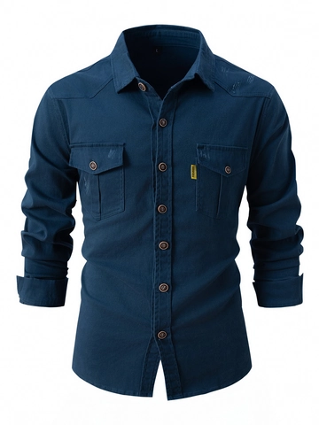Men's Casual Long Sleeve Cargo Shirt Brushed Cotton Blend Button Up Top With Chest Pockets Solid Color Workwear Shirt