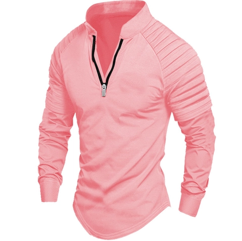 Men Long Sleeve Polo Shirt Zipper V Neck Pleated Shoulder Design Casual Solid Color Loose Fit Athletic Sweatshirt Top