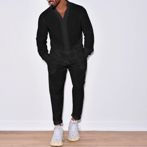 Men's Casual Linen Two Piece Set Long Sleeve Stand Collar Shirt And Pants Sporty Solid Color Fall Tracksuit Outfit For Men