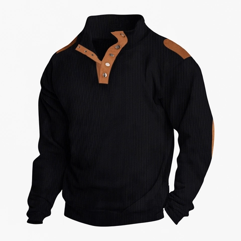 Men's Vintage Waffle Knit Henley Shirt Long Sleeve Contrast Patchwork Polo Top Casual Urban Fashion Pullover For Men