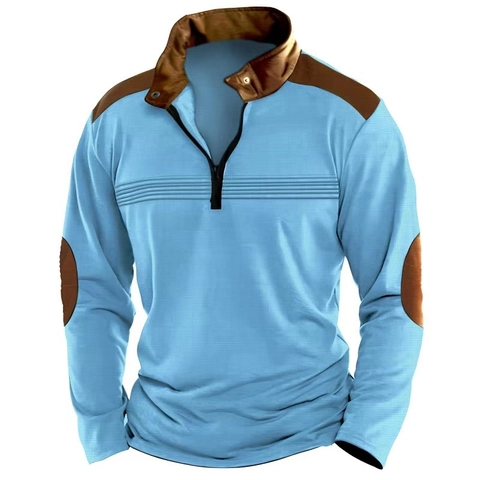 Polo da Uomo Patchwork con Mezza Cerniera Manica Lunga Trama a Nido d'Ape Casual Slim Fit Top Pullover con Toppe sui Gomiti
