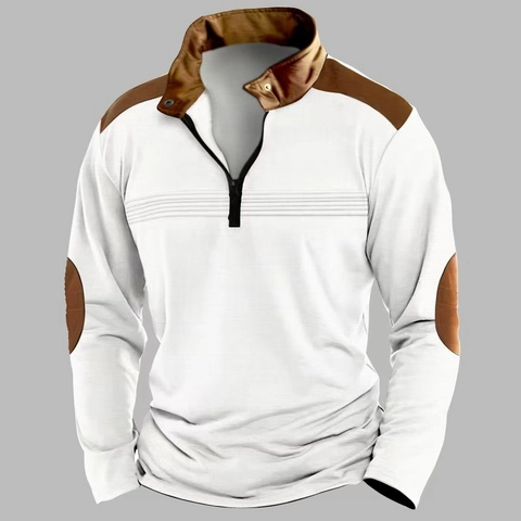 Polo da Uomo alla Moda in Maglia a Nido d'Ape con Mezza Cerniera Pullover Vintage Patchwork a Maniche Lunghe Felpa Casual