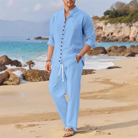 Tenue De Plage Décontractée Pour Hommes Look Lin Chemise À Col Montant Et Pantalon À Cordon Tenue De Vacances Mode Homme Été