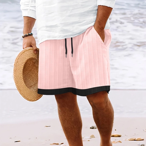 Men's Casual Beach Shorts Waffle Texture Color Block Striped Drawstring Elastic Waist Breathable Summer Vacation Shorts For Men