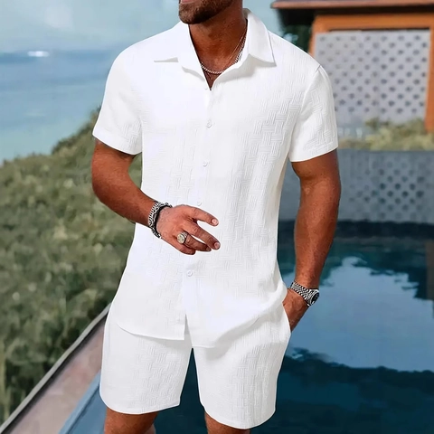 Chemise Et Short Décontractés Été Homme Texture Jacquard Manches Courtes Chemise Short Tenues Vacances Plage Vêtements