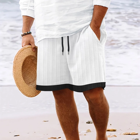 Men's Casual Beach Shorts Waffle Texture Color Block Striped Drawstring Elastic Waist Breathable Summer Vacation Shorts For Men