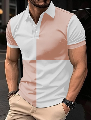 Polo Homme Style Européen Bloc de Couleur Manches Courtes Patchwork Maille Piquée Respirant Col Rabattu Décontracté Streetwear