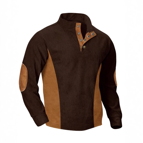Men's Vintage Corduroy Patchwork Sweatshirt Casual Stand Collar Long Sleeve Henley Shirt Loose Fit Polyester Blend Top