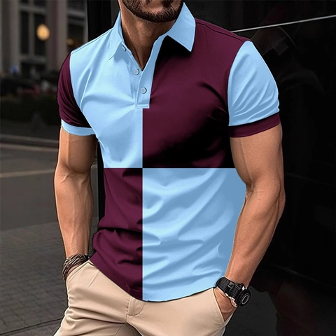 Herren Farbblock Patchwork Polo-Shirt Slim Fit Kurzarm Atmungsaktiv Mesh Umlegekragen Casual Sportlich Urban Mode Top