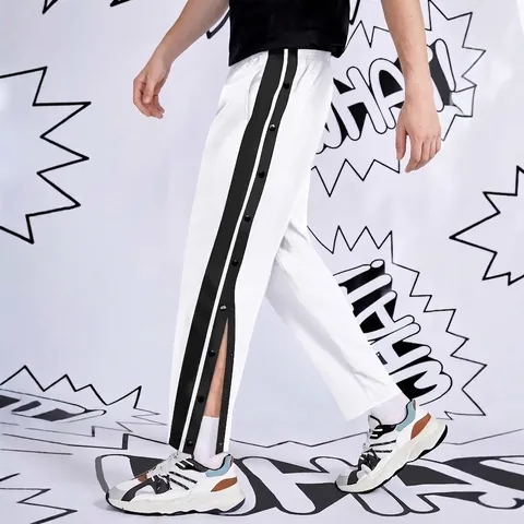 Men's Side Snap Button Basketball Pants High Street Loose Fit Straight Leg Sports Joggers Side Stripe Casual Trousers