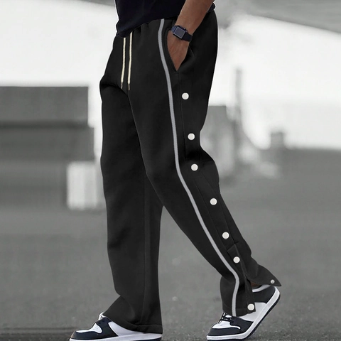 Pantalones de Chándal Casuales para Hombre con Botones Laterales Mezcla de Algodón a Rayas Hip Hop Streetwear