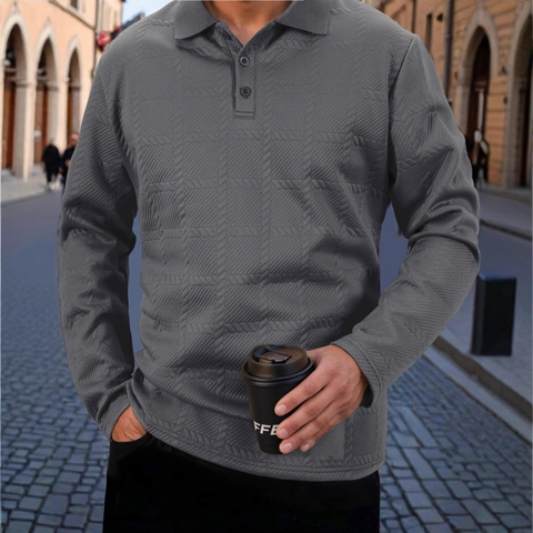 Men Textured Polo Shirt Long Sleeve Polyester Smart Casual Jacquard Top For Autumn Spring