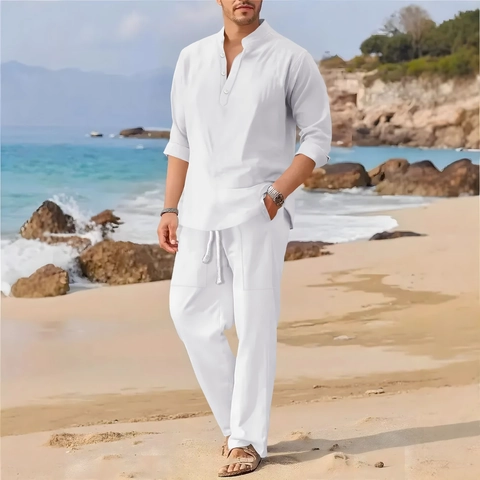 Men's Casual Cotton Linen Shirt And Pants Suit Solid Color Stand Collar Long Sleeve Henley Shirt Drawstring Trousers Beach