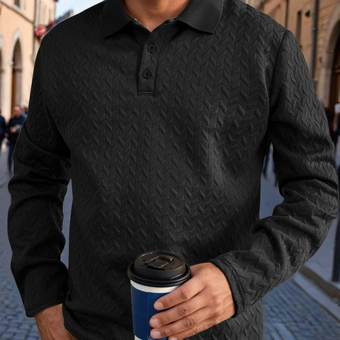 Men's Casual Long Sleeve Polo Shirt Business Jacquard Herringbone Pattern Lapel Button Top For Autumn Spring Everyday Wear