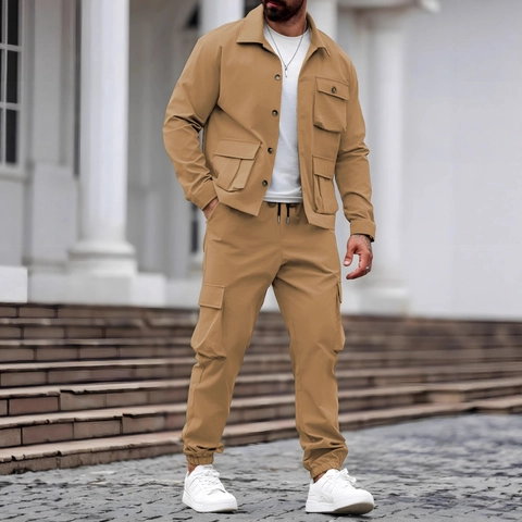 Herren Amerikanisches Vintage Heavyweight Cargo Anzug Mehrfachtaschen Revers Jacke Und Bündchenhose Outdoor Casual Workwear