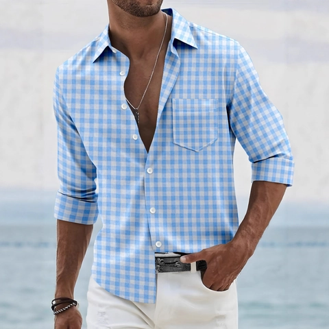 Men Business Casual Long Sleeve Plaid Shirt Cotton Blend Pocket Loose Fit Fashion Gingham Turn-down Collar Office Men Shirt Top