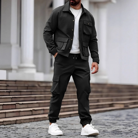Ropa de Hombre American Vintage Heavyweight Workwear Chaqueta Y Pantalones Cargo Multibolsillos Casual Aire Libre Streetwear