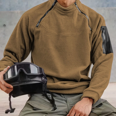 Heren Tactisch Polar Fleece Pullover Opstaande Kraag Dubbele Rits Lange Mouw Tactisch Sweatshirt Outdoor Training Sport Polo Shirt