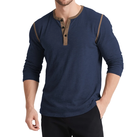 Men Retro Henley Shirt Color Block Long Sleeve Cotton Blend Triple Button Placket Casual Top Vintage Slim Fit Autumn Tee