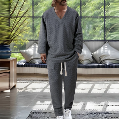 Men's Casual Two Piece Set Textured Herringbone V-Neck Long Sleeve Top And Drawstring Pants Outfits Fashion Loungewear