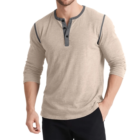 Ανδρικό Casual Μακρυμάνικο Πουκάμισο Henley Μείγμα Βαμβακιού Αντιθετικό Patchwork 3 Κουμπιά Vintage Retro Slim Fit Top