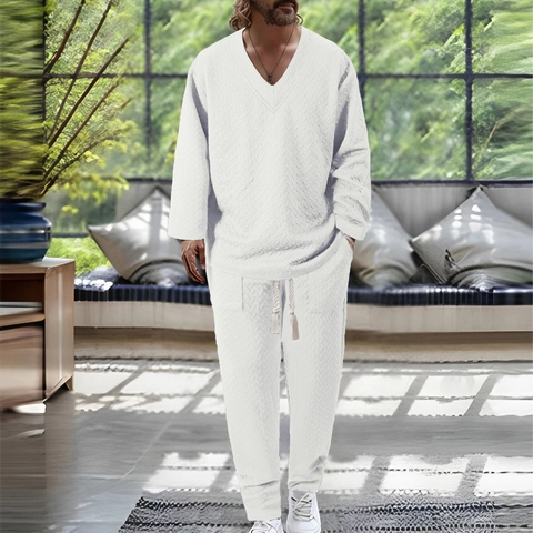 Men's Casual Two Piece Set Textured Herringbone V-Neck Long Sleeve Top And Drawstring Pants Outfits Fashion Loungewear