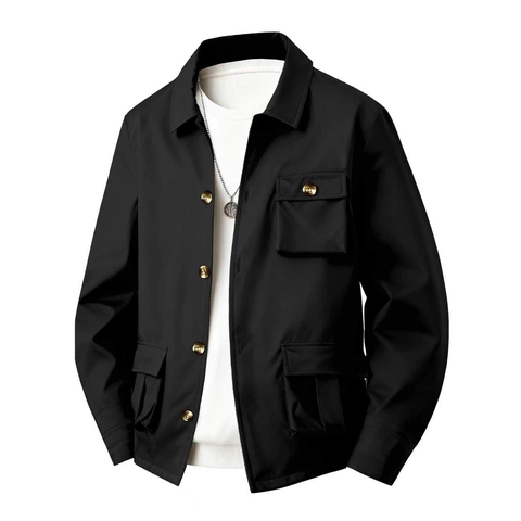 Veste Utilitaire Décontractée pour Homme en Mélange de Coton à Revers Simple Boutonnage Multi Poches Cargo Manteau Quotidien
