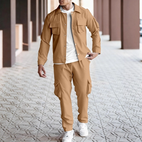 Conjunto Casual de Dos Piezas Cargo Workwear para Hombre Chaqueta de Manga Larga con Solapa y Pantalones Multi Bolsillos