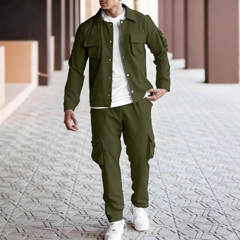 Conjunto Casual de Dos Piezas Cargo Workwear para Hombre Chaqueta de Manga Larga con Solapa y Pantalones Multi Bolsillos
