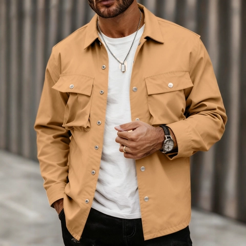 Men Casual Cargo Jacket Fleece Lined Multi Pocket Utility Shacket Cotton Blend Lapel Single Breasted Solid Color Outwear