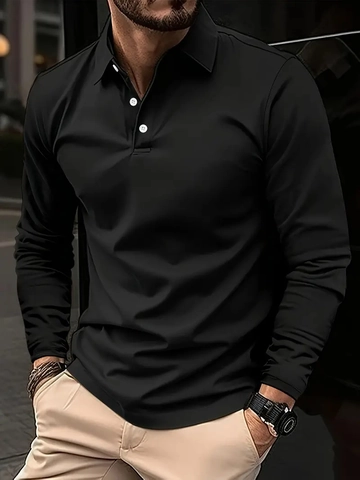 Men's Long Sleeve Polo Shirt Casual Solid Color Lapel Three Button Top For Spring Autumn Cotton Blend Fashion Polo Shirt