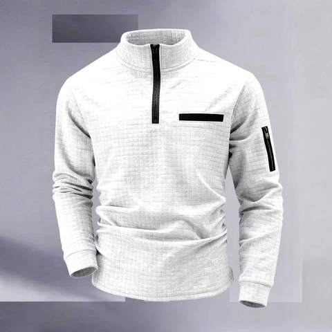 Polo da Uomo in Maglia a Nido d'Ape con Mezza Zip Manica Lunga Collo Rialzato Misto Cotone Top Casual Sportivo con Tasca sulla Manica