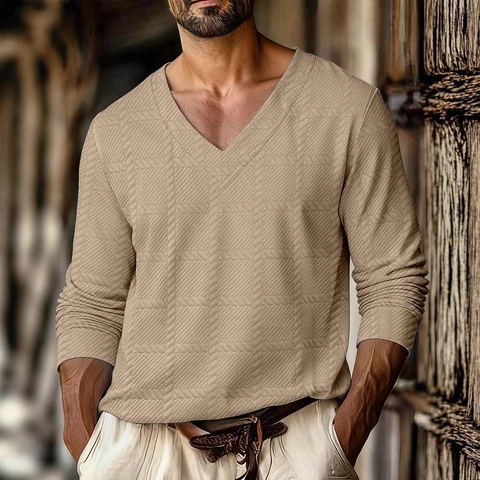 Herren Langarm V-Ausschnitt Polohemd Texturiertes Fischgrätenmuster Strick Casual Pullover Top Herbst Urban Fashion Herren