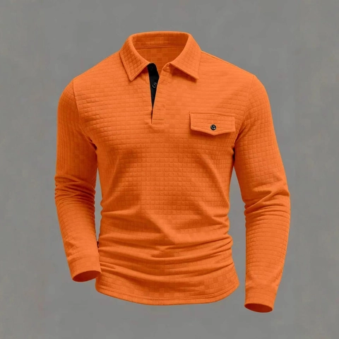 Polo Casual de Manga Larga para Hombre Textura de Gofre Mezcla de Algodón Corte Slim Con Bolsillo en el Pecho y Tapeta de Contraste